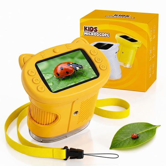 Microscope for Kids Handheld with Slides 2.4" HD Screen Yellow Gift for Boys Girls Age 6  STEM Educational Biology Toy Microscope Science Set