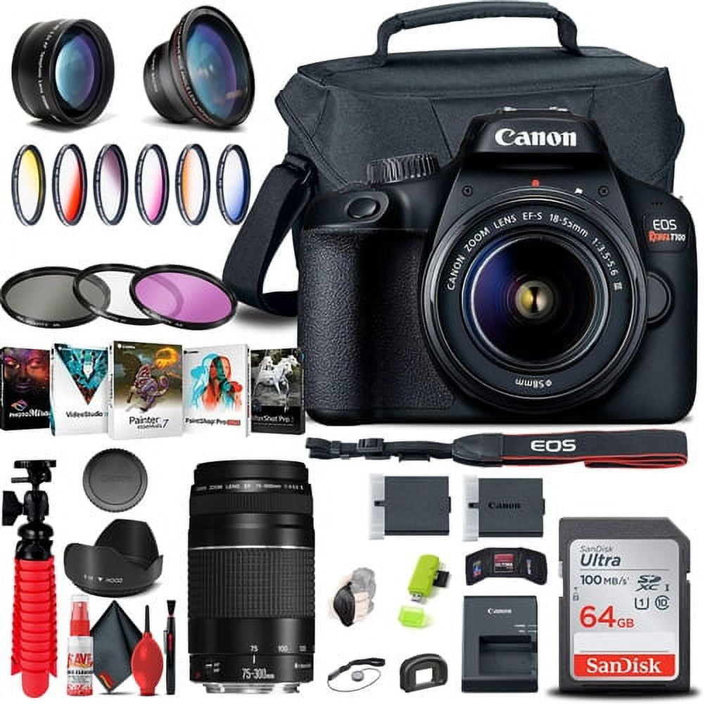 Canon EOS Rebel T100 / 4000D DSLR Camera with 18-55mm Lens + Canon EF 75-300mm Lens + 64GB Memory Card + Color Filter Kit + Case + Corel Photo Software + LPE10 Battery + More (International Version)