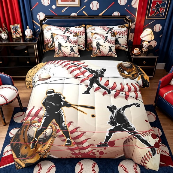 Castle Fairy Sport Baseball Twin Bedding 7-Piece, Ball Gamer Bedding Comforter Set, Black White,Black Reversible