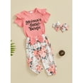 thumbnail image 3 of vera natura Baby Girl Summer Outfits Letter Print Short Sleeve Rompers Floral Print Long Pants Headband 3Pcs Clothes Set, 3 of 9