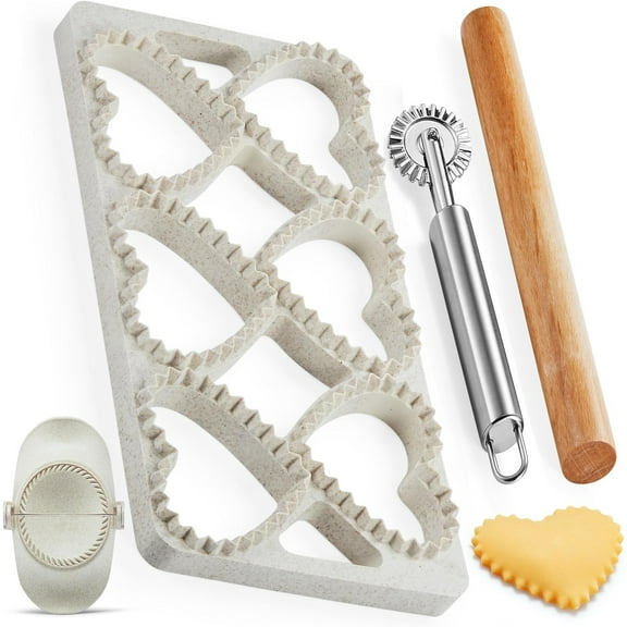 Maker Press, Ravioli Press Mold Set - Heart Ravioli Stamp Maker Cutter with Wood Rolling Pin, 2.6" Empanada Maker Press Kit and Ravioli Wheel, Makes 6 Ravioli