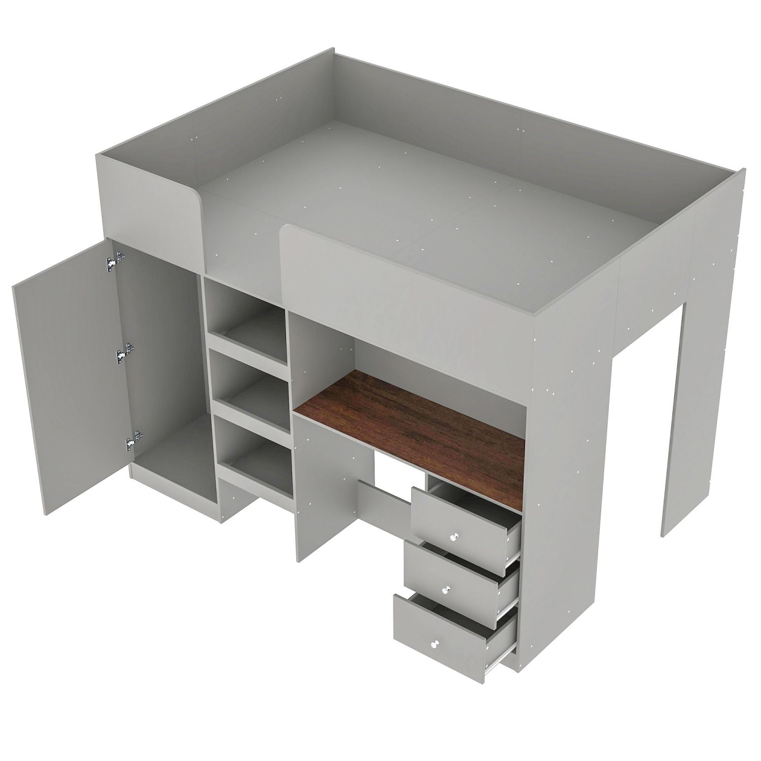 Full Size Loft Bed Frame with Built-in Wardrobe, Desk, 3 Drawers and Storage Shelves, Wood and MDF, No Box Spring Required