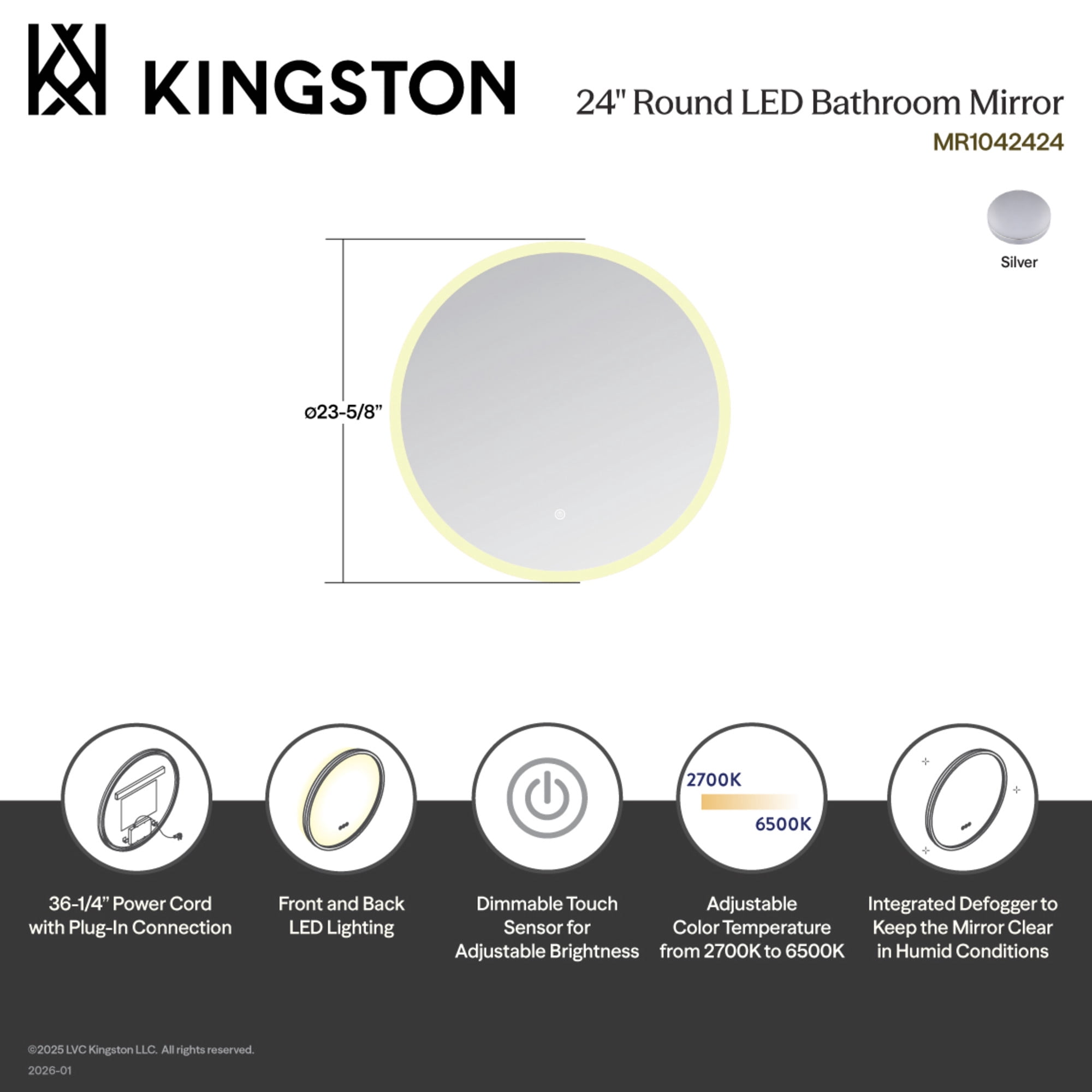 Kingston Brass MR1042424 Aurora 24-Inch Round LED Bathroom Mirror, Front and Back Light, Anti-Fog, Dimmable Touch Sensor Lighted Mirror in Silver