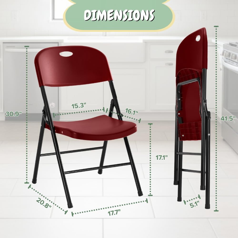 CYCLONE S·O·U·N·D Heavy Duty Plastic Foldable Chair for Adults, Portable Folding Chair for Patio, Backyard, Party, or Wedding — Comfortable Stackable Outdoor Chair, Red (2 Pack)