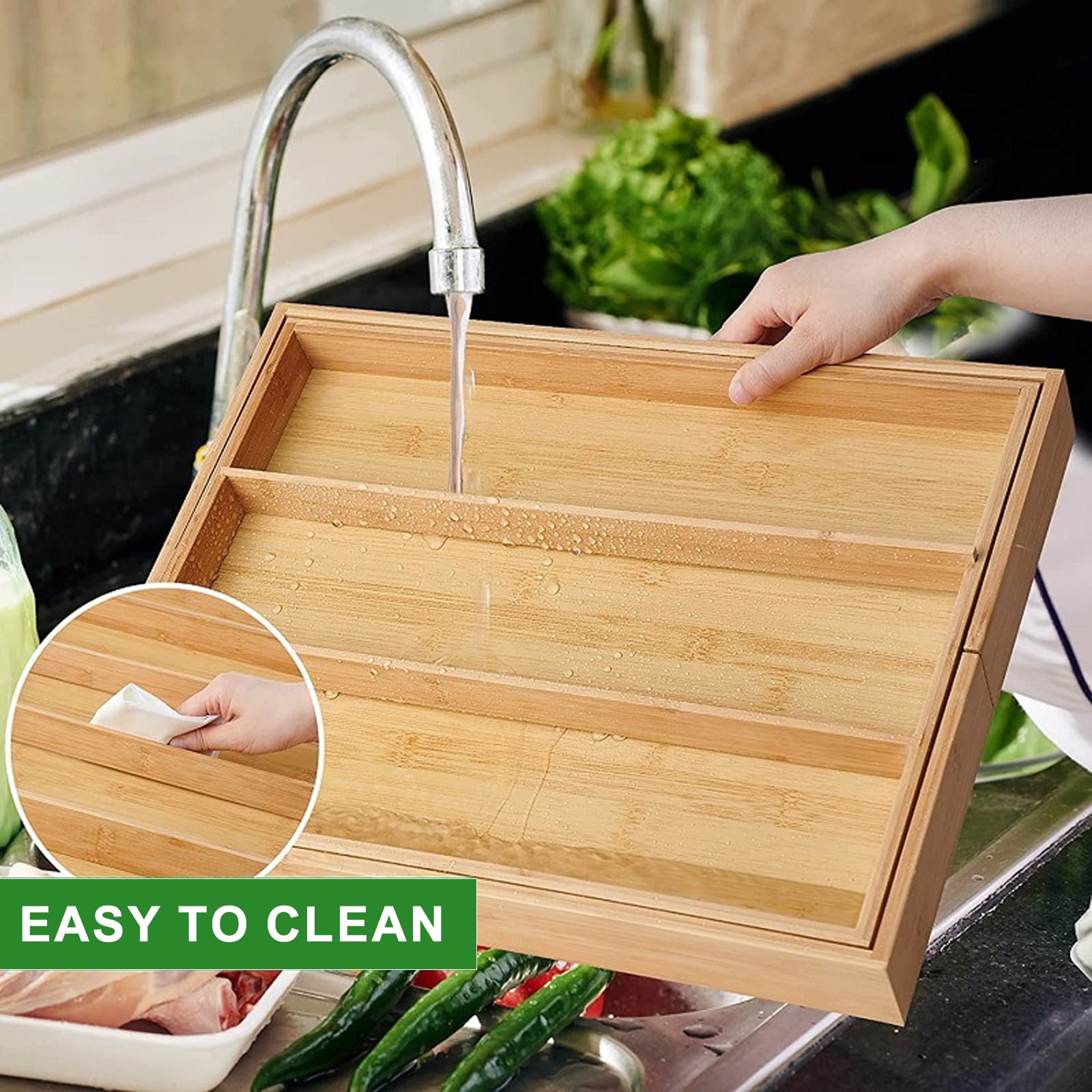 SPOKKI Bamboo Adjustable Kitchen Utensil Organizer, 17" x 21" Silverware Tray with Drawer Dividers, Natural Bamboo Flatware Holder for Kitchen and Home Use (3-5 Slots)