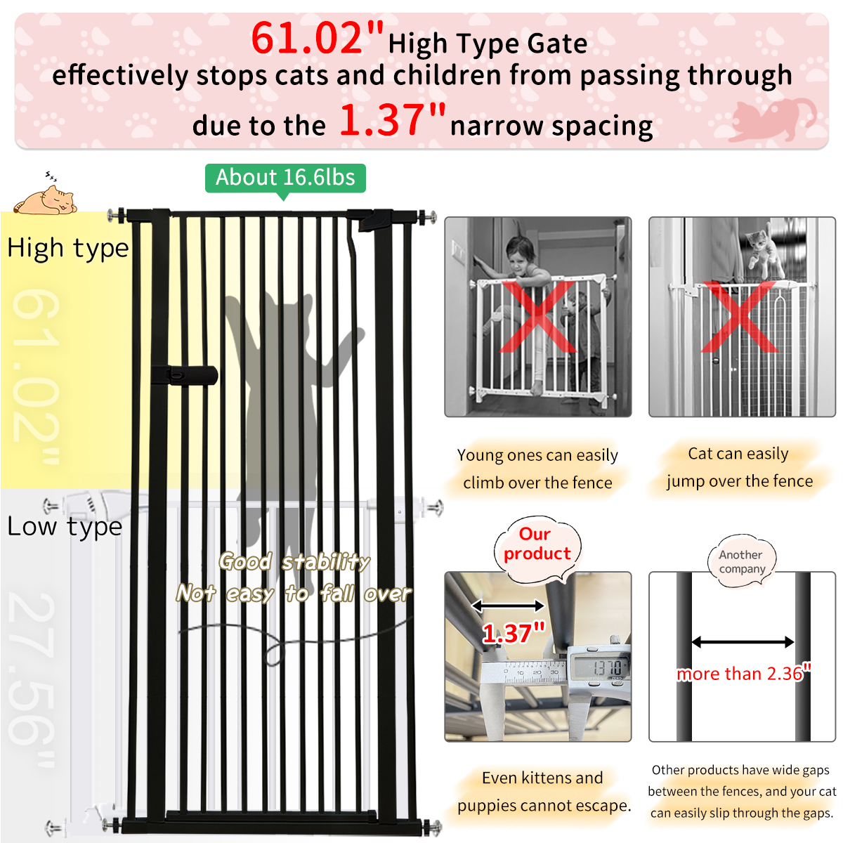 Lumizone Extra Tall Cat Gate 61.02" High Pressure Mounted Black 29.92"-34.24" Extra Wide 2025 New (10 Sizes) 1.37" Gap No Drilling Auto-Close One-Handed Operation Tall Pet Gate for Dogs