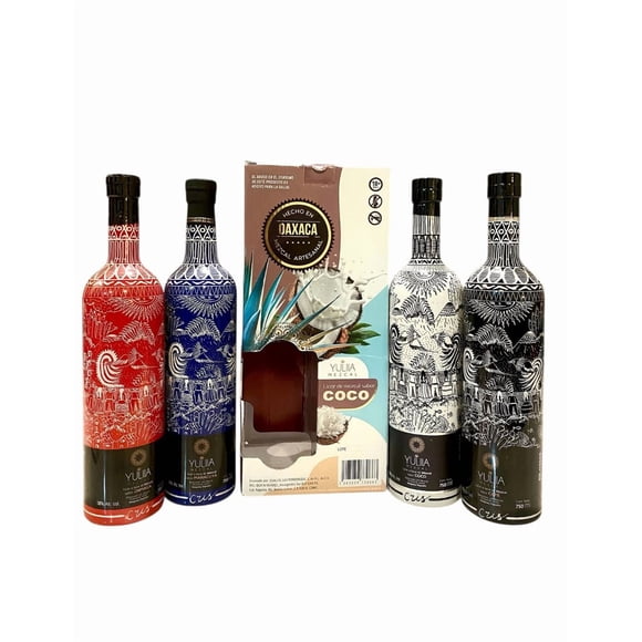 YULIIA Kit Mezcal Estuche con 4 Botellas Licor a Base de Mezcal - Sabores Maracuyá, Coco, Café, Jamaica, 750ml c/u YULIIA KIT LICORES CON MEZCAL YULIIA MEZCAL YULIIA KIT LICORES de 750ml