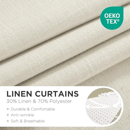 Light Filtering Linen Curtains 96 Inch Length 2 Panel Set for Living Room Bedroom, 52 Inch Wide Drapes with Rod Pocket and Back Tab, Ivory on Linen Fabric (96" L x 52" W)