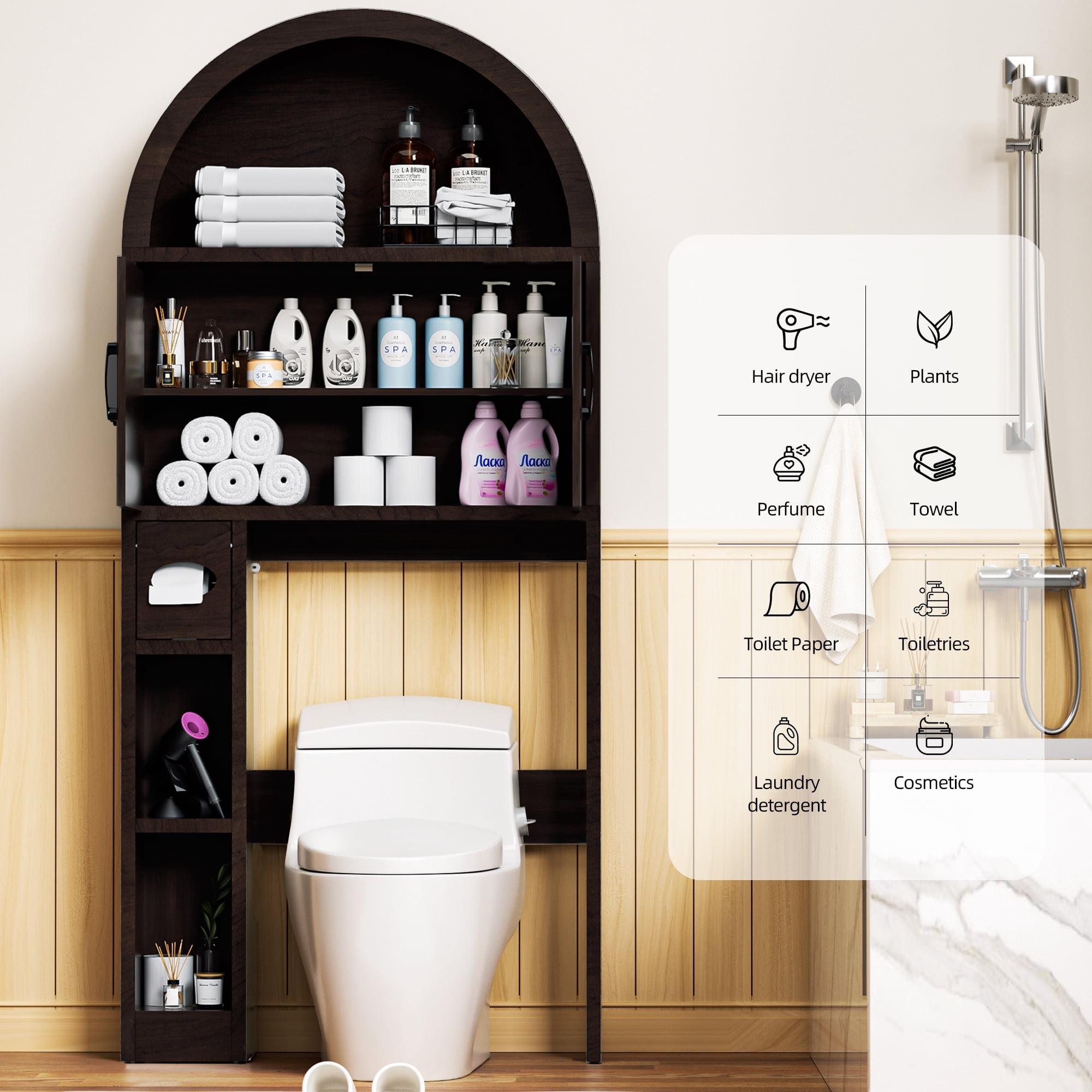 AHB Over Toilet Storage Cabinet with Arc Design, Freestanding Bathroom Organizer with Doors, 7.7"D x 30.5"W x 67.7"H, Coffee Color