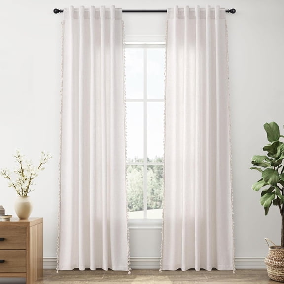 Natural Boho Linen Curtains 84 Inches Long 2 Panels Cream Beige Semi Sheer Tassel Rod Pocket Back Tab Light Filtering Neutral Farmhouse Curtain for Living Room Bedroom