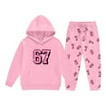 thumbnail image 4 of MAIHAN 67 Hoodie Kids Casual Hooded Boys Girls Outfits Graphic Long Sleeve Sweatshirts with Sweatpants Fall Winter Lounge Set(Pink,6-7 Years), 4 of 7