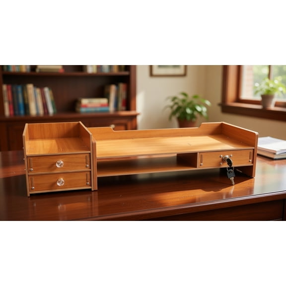 Wooden Desk Monitor Riser with Secure Drawer and Storage Slots