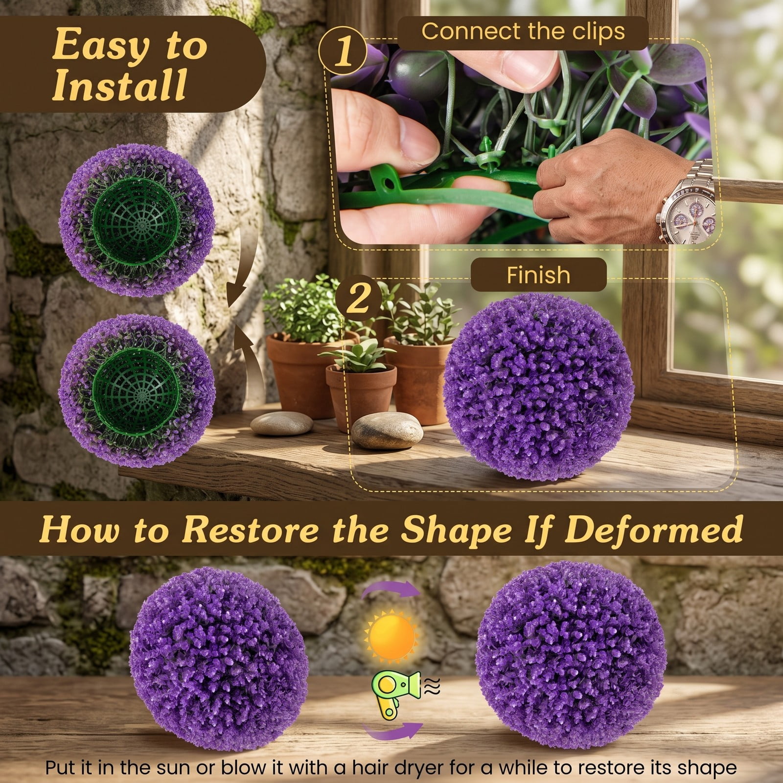 ALPULON 17.5 Inch Artificial Purple Boxwood Topiary Balls 2 Pack, 7-Layer Decorative Plant Spheres for Indoor Outdoor Garden Doorway Lawn, Purple