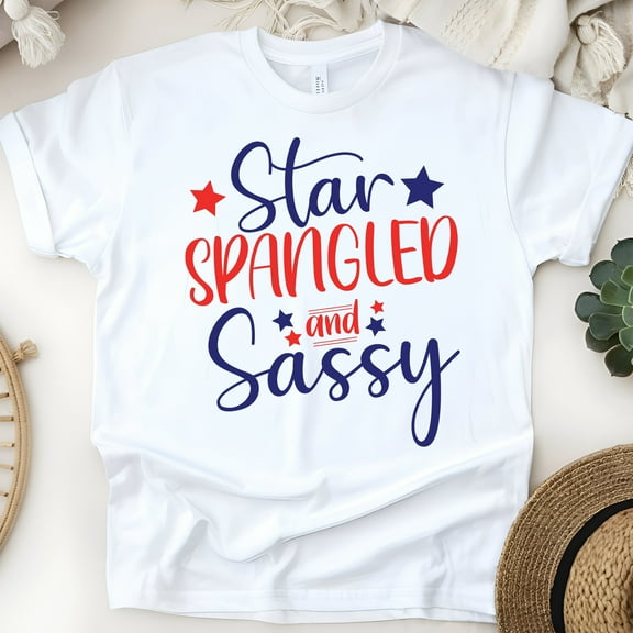 Star Spangled and Sassy T-Shirt, Patriotic Graphic Tee, Red White Blue Shirt, White, Size S