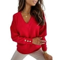 thumbnail image 2 of Womens Long Sleeve V Neck Sweater Casual Loose Chunky Knit Fall Sweater Pullover Shirts Top for Women Red L, 2 of 6