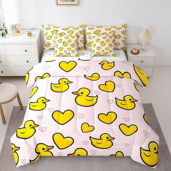 7 Piece Cute Duck Queen Bed in a Bag,Yellow Rubber Duck Kawaii Bedding Set,Pink Love Heart Bed Set Animal Comforter Set with Fitted Sheet,Flat Sheet,Pillowcases