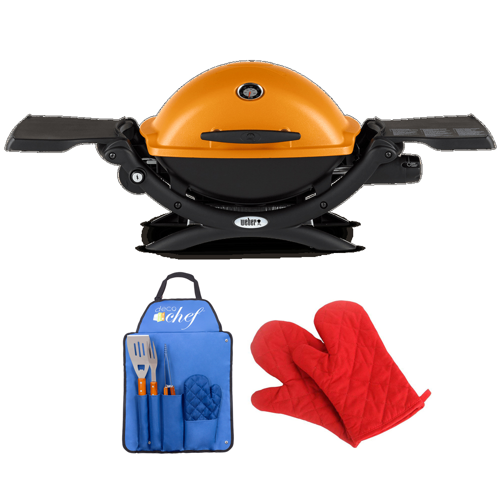 Weber 51190001 Q1200 Liquid Propane Portable Grill Orange Bundle with Deco Essentials 3 Piece BBQ Tool Set with Custom Blue Apron, Spatula, Tongs, Fork and Oven Mitt and Pair of Red Oven Mitt - image 1 of 10