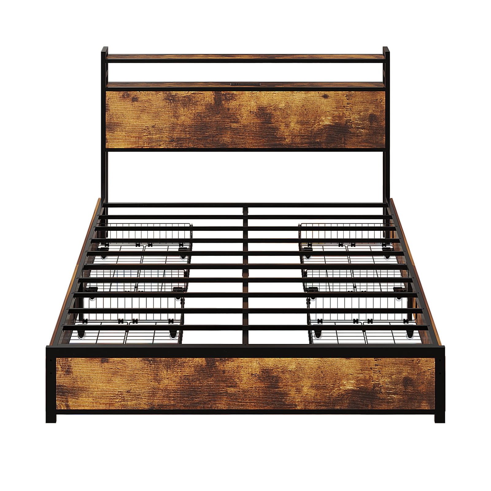 Ktaxon Queen Size Bed Frame with Charging Station & LED Storage Headboard, Metal Platform Bed Frame with 4 Underbed Drawers for bedroom, Vintage Brown