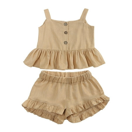 

Toddler Outfit Sets For Teens Baby Girls Sleeveless Strap Ruffle Vest Button Up T Shirt Tops Shorts 2Pcs Summer Kids Clothes Suit