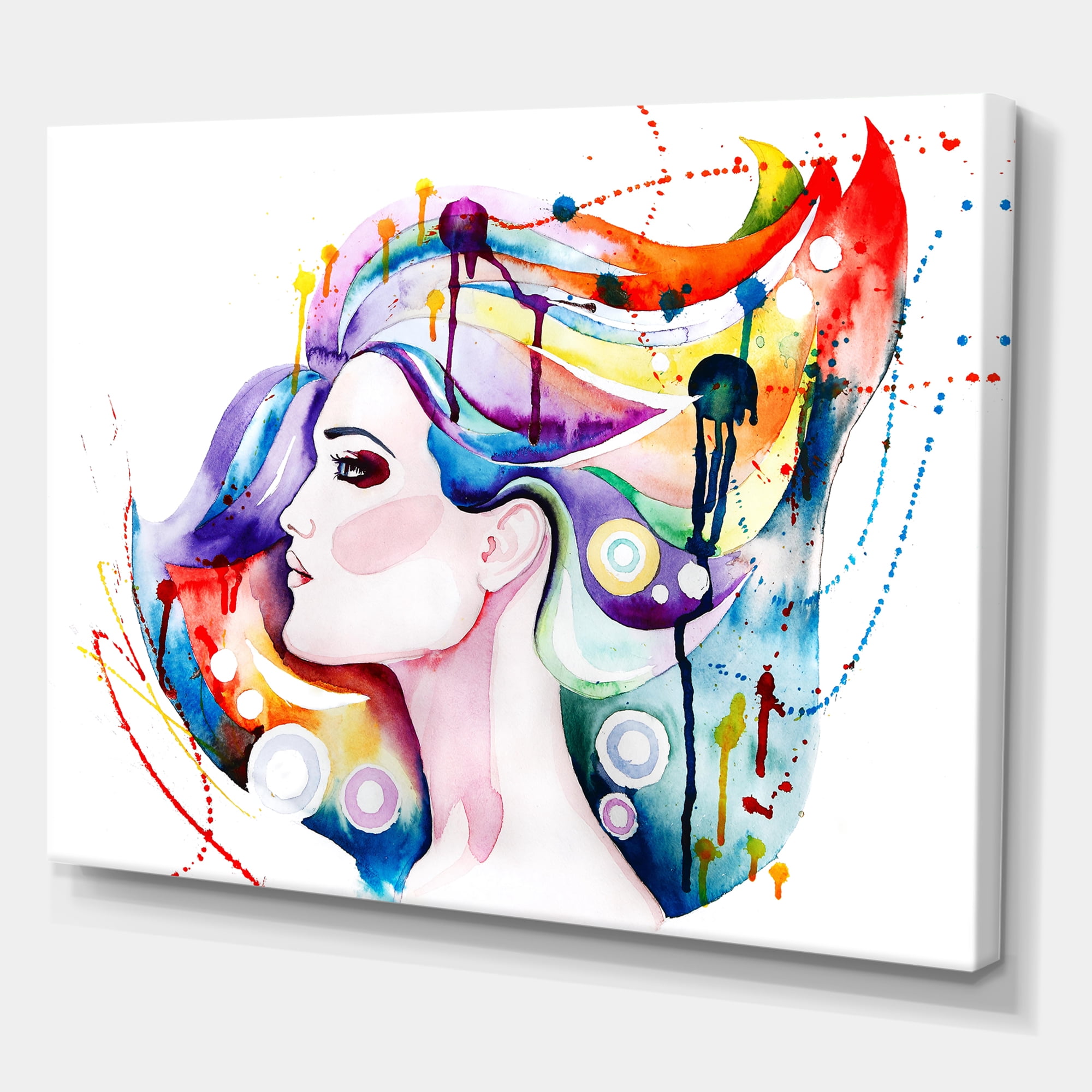 Designart ' Beautiful Young Woman With Colorful Hair ' Traditional Canvas Wall Art Print