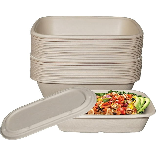 (25 Pack) EcoQuality 29oz Disposable Bowls with Fiber Lids Rectangular Compostable Sugarcane