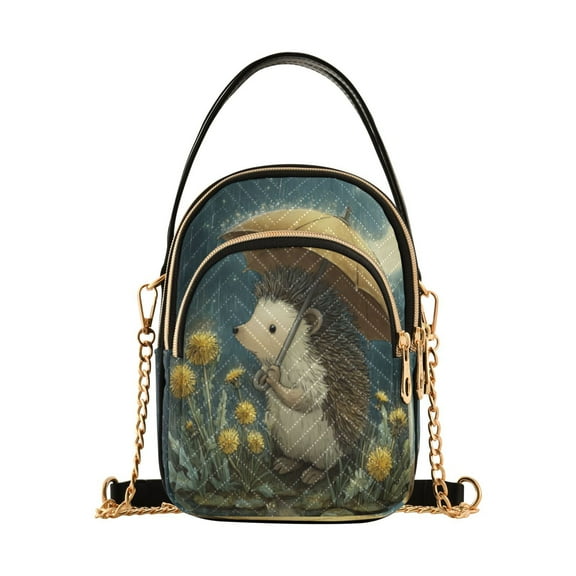 Leather Handbag Crossbody Bag Little Hedgehog Holding An Umbrella