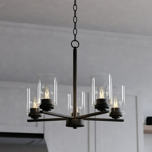 Park Ridge 5-Light 21 in Wide Matte Black Round Chandelier, Clear Glass Shade, LED Compatible, Adjustable Height, Hanging Ceiling Pendant Fixture for Dining Table Kitchen Entryway Bedroom Island Foyer