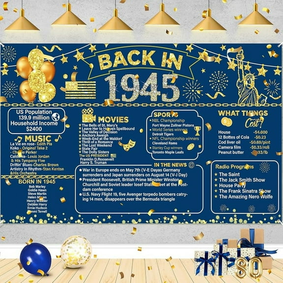 Blue 80th Birthday Banner Decorations, Navy Blue Gold Back in 1945 Vintage Happy 80th Birthday Banner Backdrop for Women Men 1945 Birthday Anniversary Party Poster Supplies Decor Cheers to 80 Years