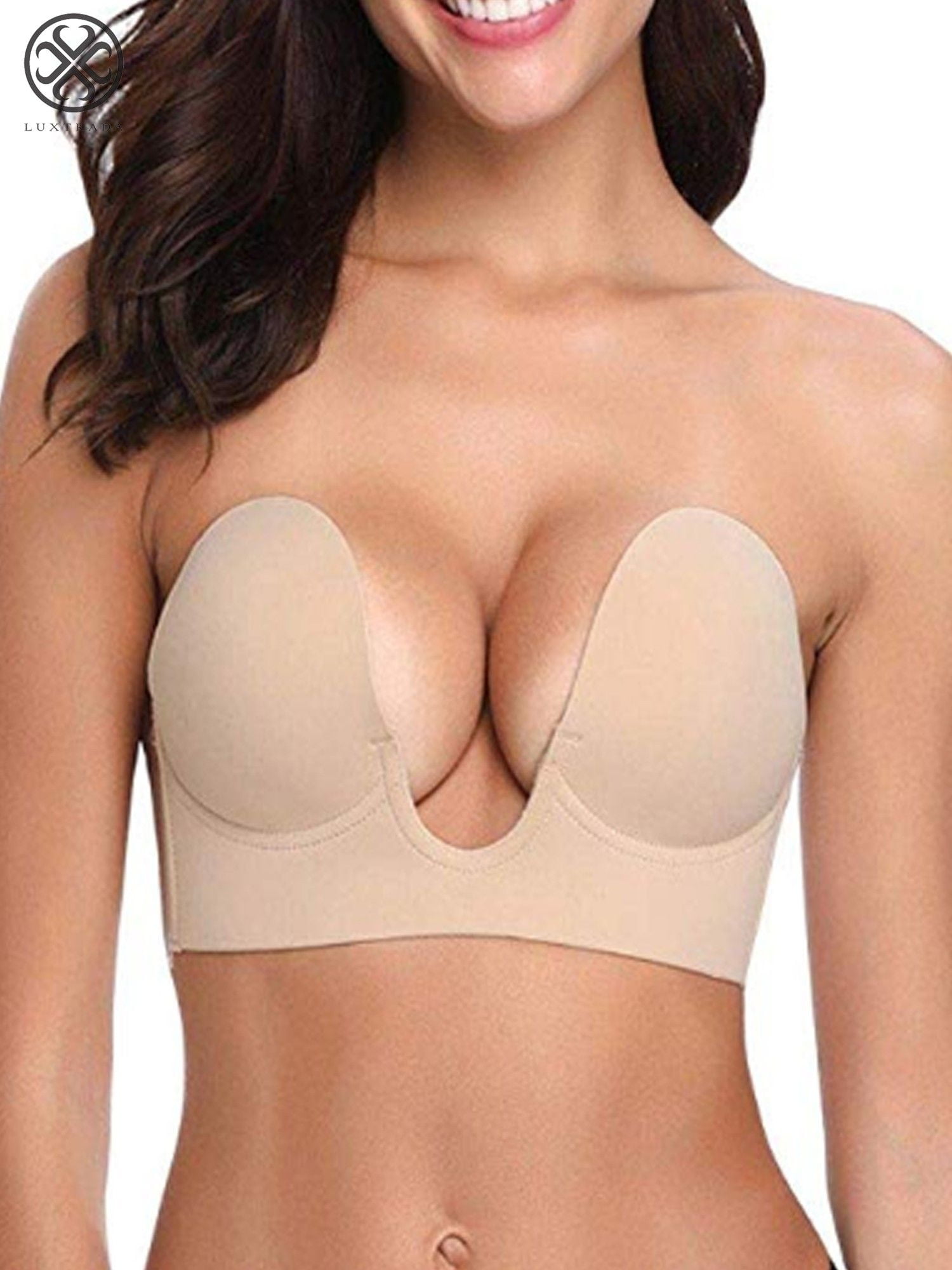 Luxtrada Strapless Self Adhesive Bra, Push Up Invisible Silicone Bras for  Women with Drawstring Suit For Dress Wedding PartySkin,Cup D