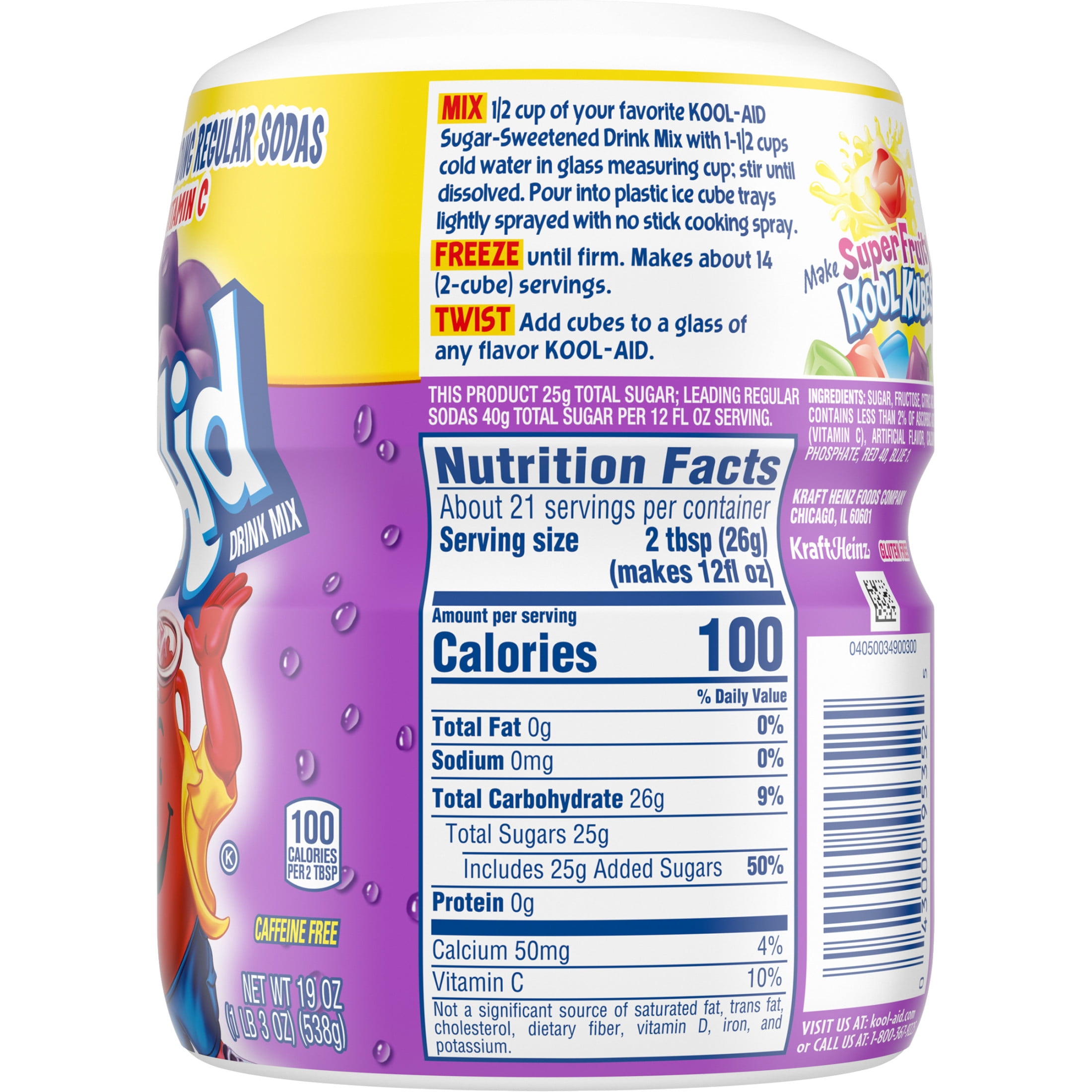 Kool-Aid Drink Mix, 1 Canister, for Flavorful Hydration and Shareable Refreshment, Grape Artificially Flavored, Good Source of Vitamin C, Caffeine Free, 19 oz
