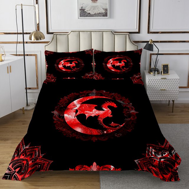 Erosebridal Ensemble de Couvre-Lit Dragon Ancien Rouge Taille Simple pour Garçons, Courtepointe Fleur Mandala Rétro, Rouge Noir, Respirant, 2 Pcs