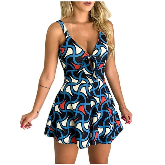 Fesfesfes Jumpsuit for Women Bandage Backless V-Neck Sleeveless Casual Printing Short Jumpsuit