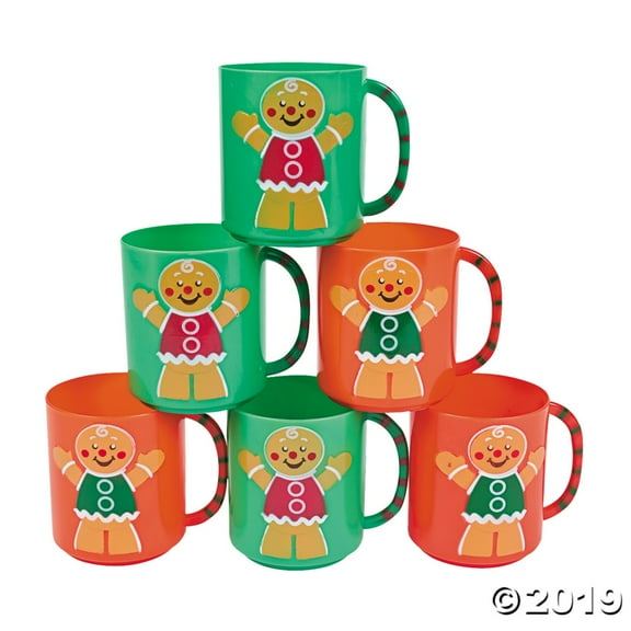 Fun Express - Plastic Holiday Gingerbread Man Mugs for Christmas - Party Supplies - Drinkware - Plastic Mugs W & Handles - Christmas - 12 Pieces