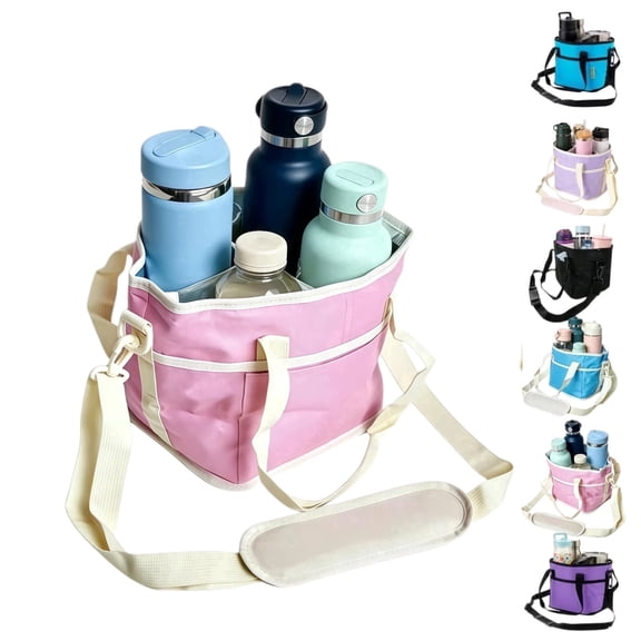 Family Size 4 Compartment Insulated Drink Bag, 4 Slot Tumbler Carrier with Removable Divider & Adjustable Strap, Water Bottle & Coffee Holder Tote for Hiking, Sports, Travel and Daily Outings(Pink)