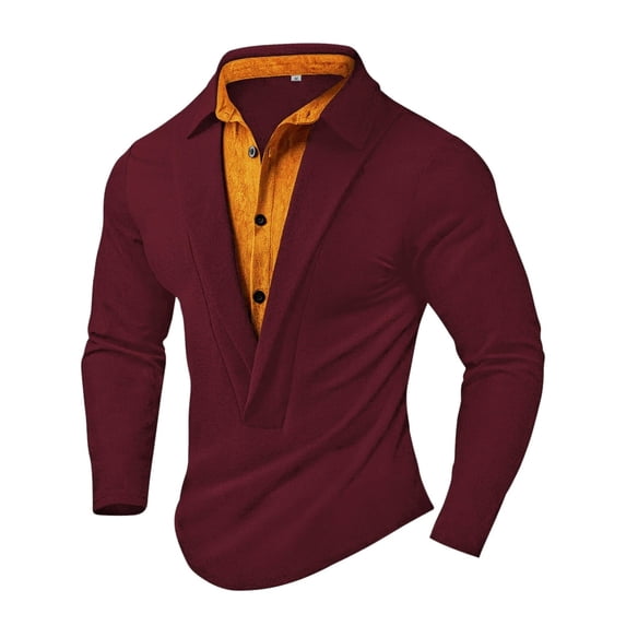 Bibifish Mens Polo Shirts Fake Two Piece Layered Design Long Sleeve Shirts Slim Fit Party Wear Dressy Tops