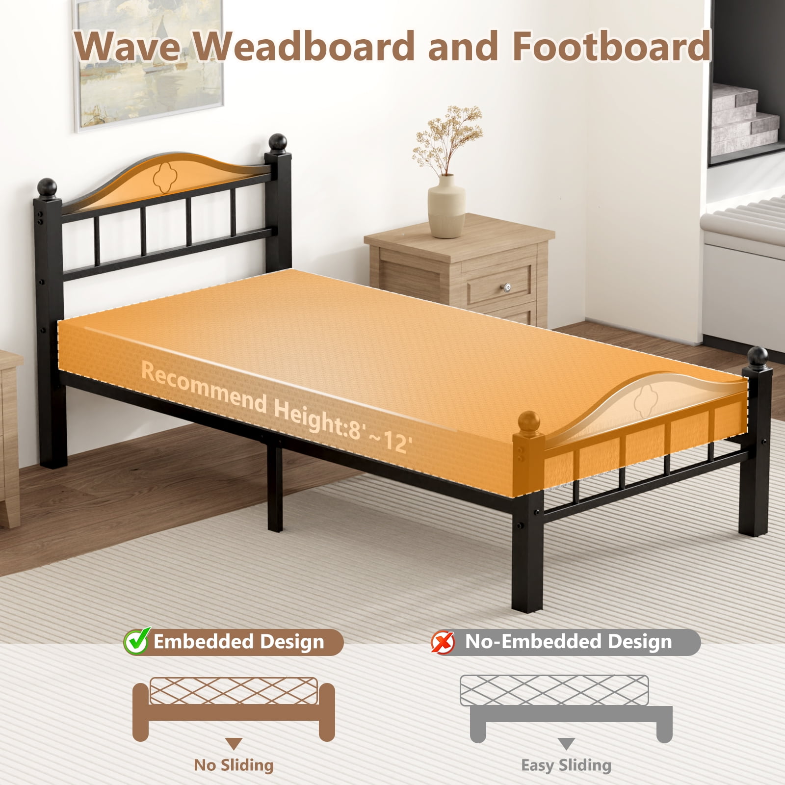 Twin Bed Frame, No Squeak Heavy-Duty Twin Size Bed Frame with Headboard 1500lbs Support & 12" Clearance Storage Tool-Free Setup in 30 Mins for Studios, Dorms, Frequent Movers