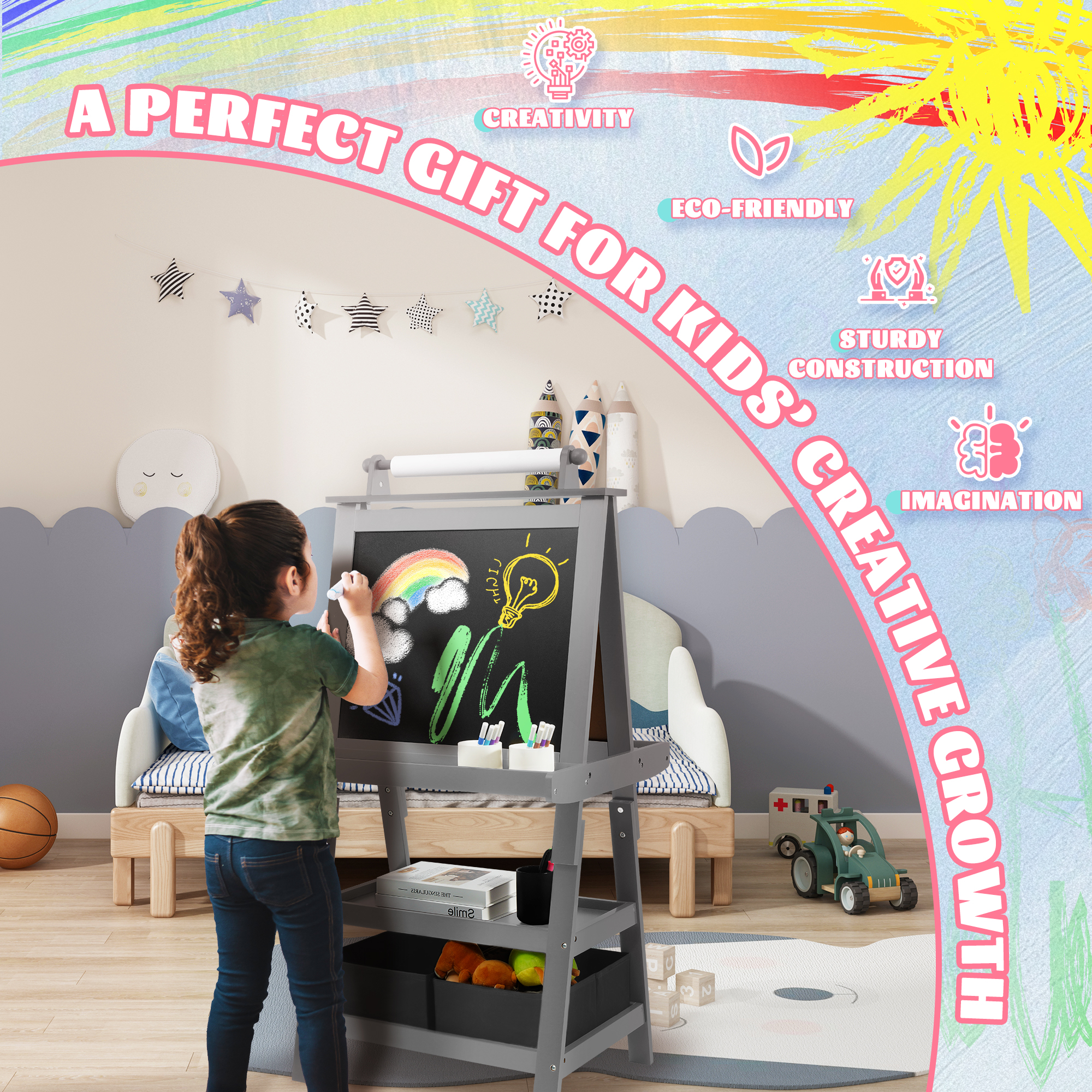 Signature Fitness 3-in-1 Kids Art Easel，Double-Sided Wooden Easel，with Chalkboard, Whiteboard, Paper Roll, 2-Tier Rack & 2 Storage Boxes