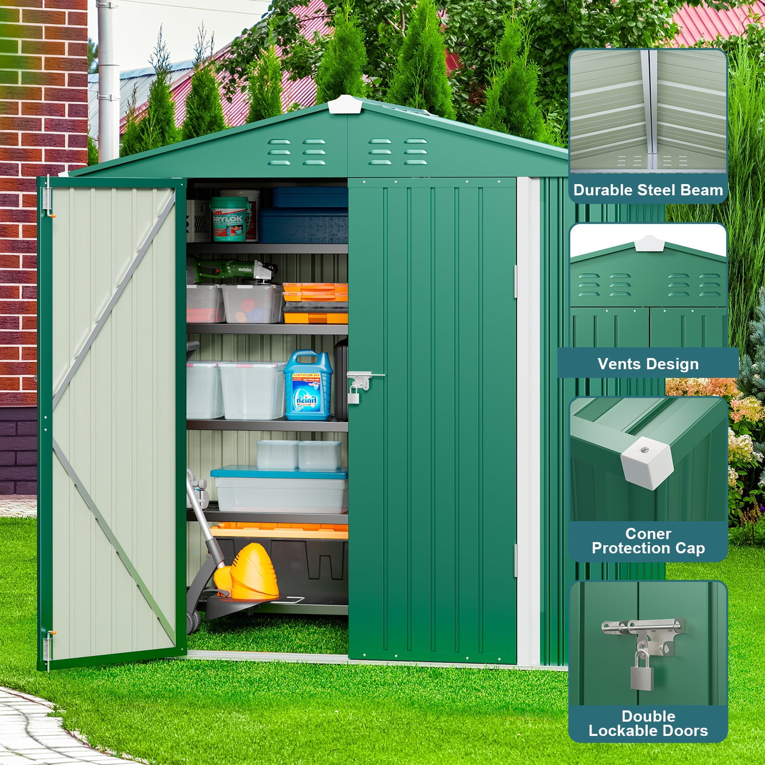 Lofka 6' x 4' FT Outdoor Storage Shed, Outside Metal Tool Shed with Lockable Doors ,Green