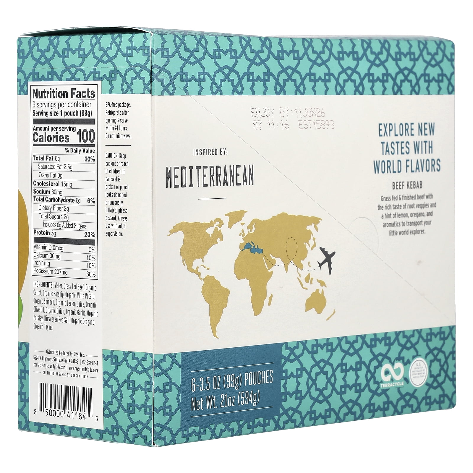 Serenity Kids Grass Fed Beef Kebab with Parsnip, Spinach, Carrot, Herbs & Spices, 7+ Months, 6 Pouches, 3.5 oz (99 g) Each