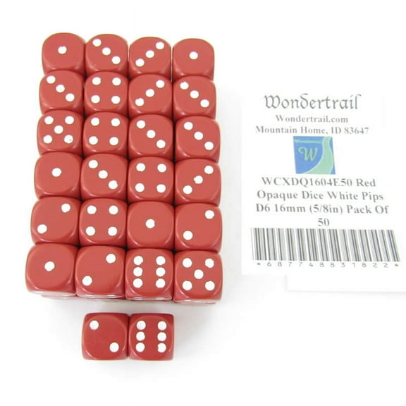 Red Opaque Dice with White Pips D6 16mm (5/8in) Pack Of 50 Wondertrail