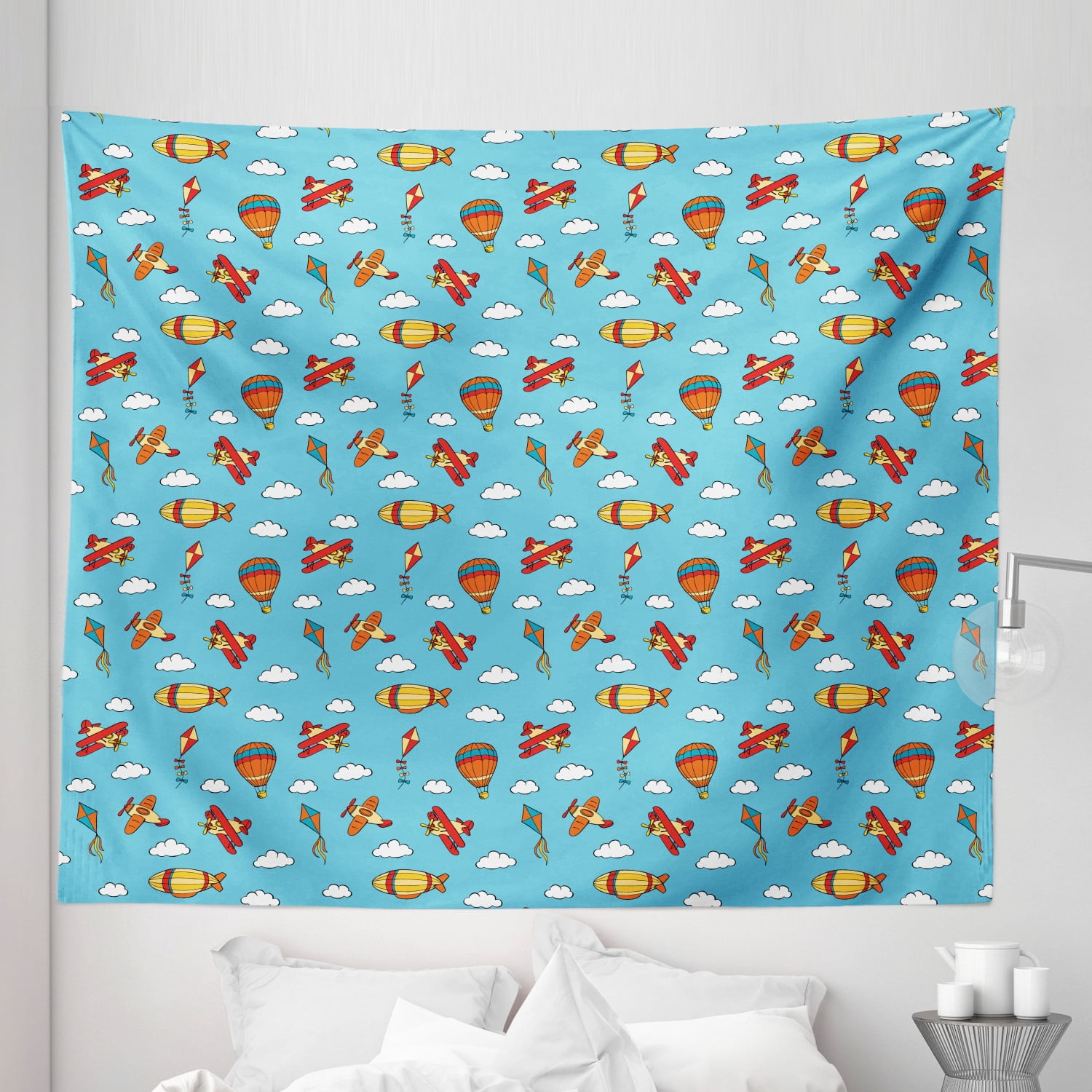 Airplane Tapestry, Colorful Air Transportation Pattern with Balloons