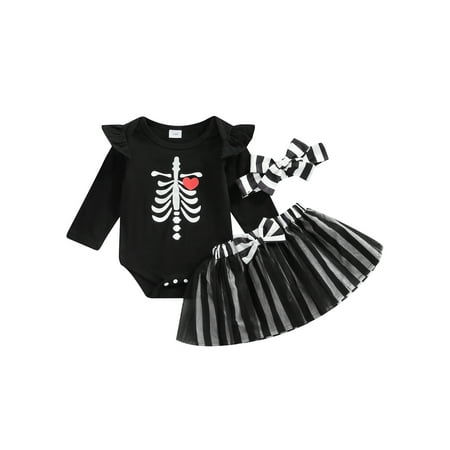 

Karuedoo Infant Girl Halloween Outfits Skeleton Print Long Sleeve Romper+Striped Tulle Tutu Skirt+Headband Black 3-6 Months