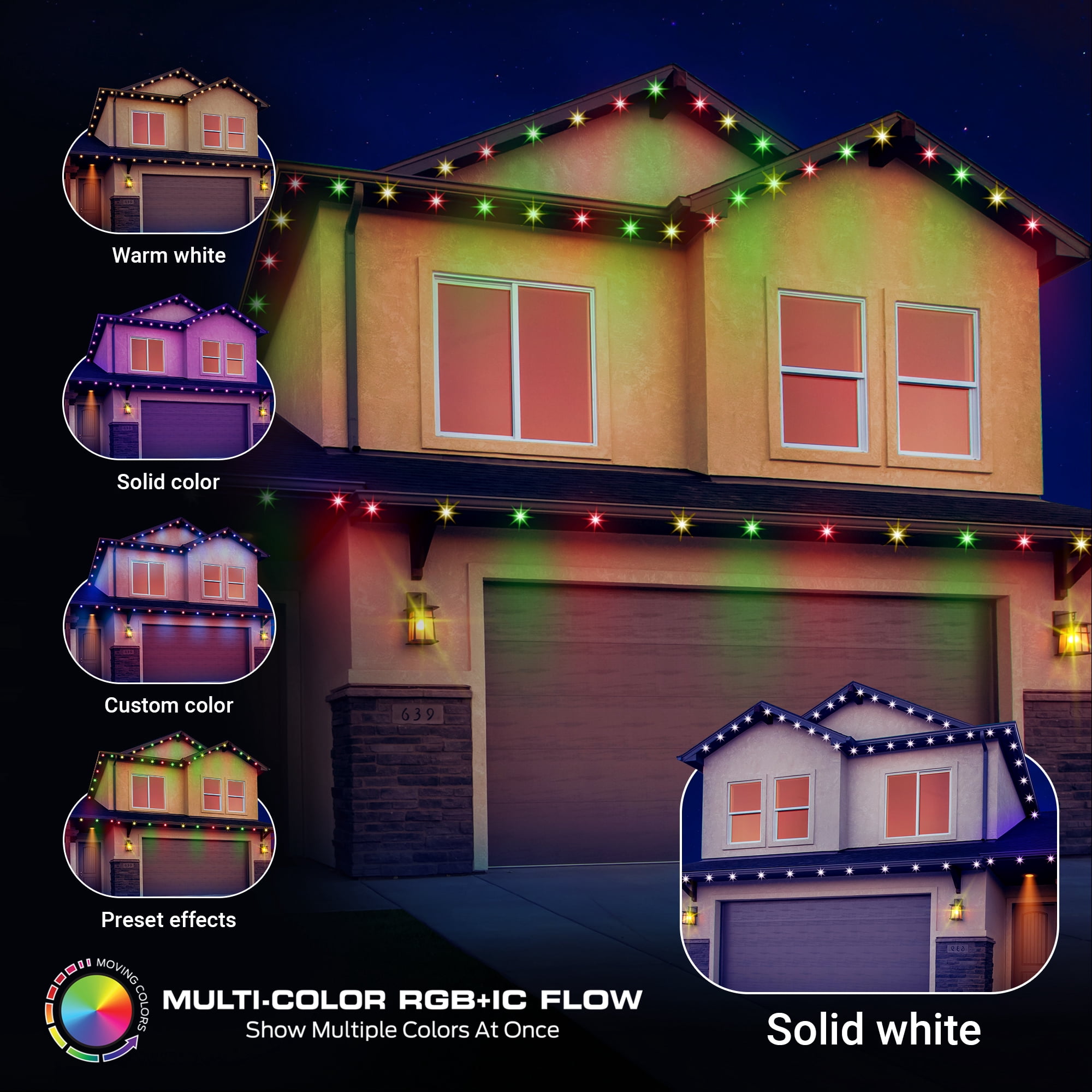 Monster 100 ft Permanent Outdoor Lights Smart   – 72 RGBIC LEDs, Multi-White & Full Color, All-Weather Waterproof, App & Voice Control – Holiday & Year-Round Outdoor String Lighting