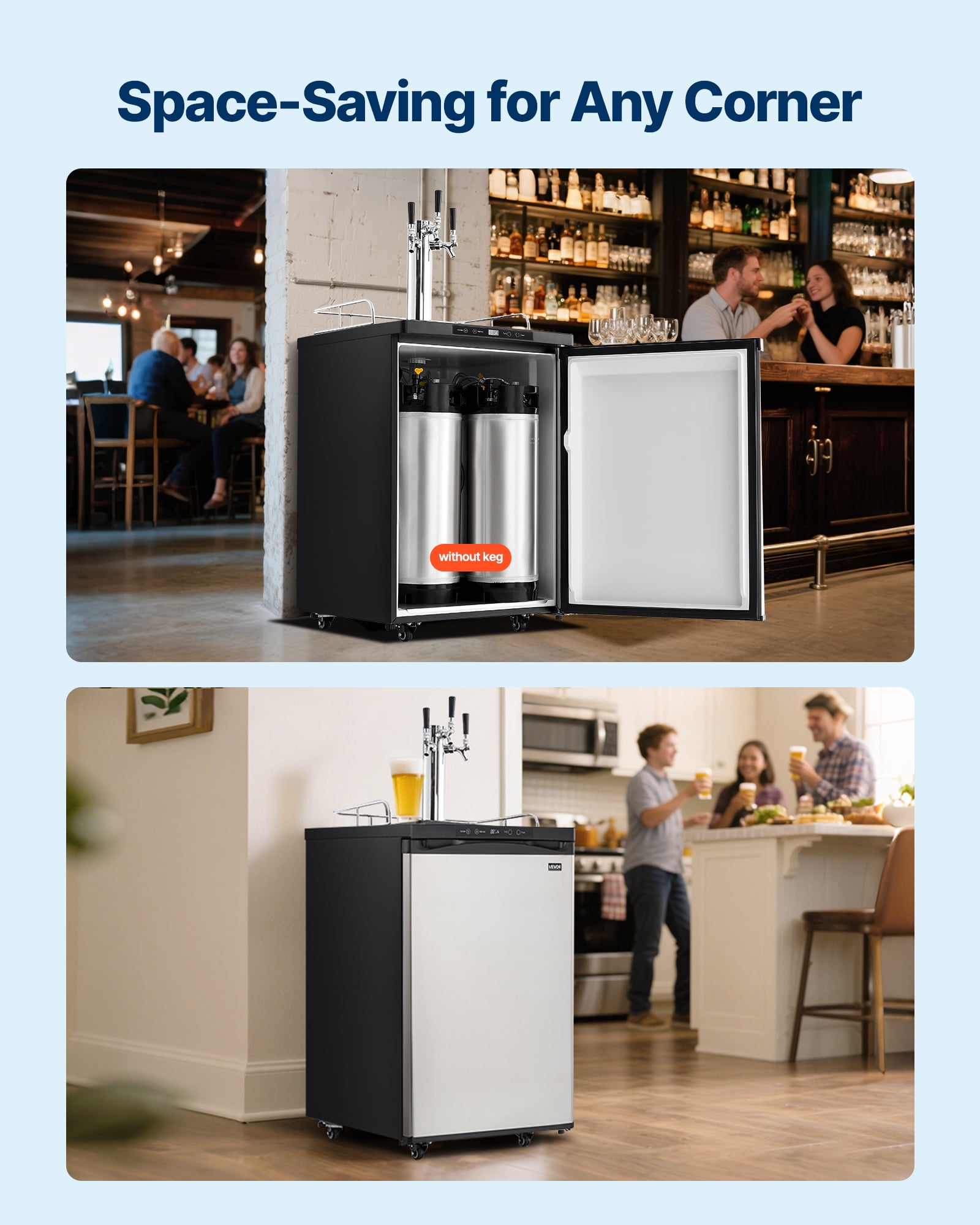 VEVOR Beer Kegerator, Triple Tap Home Draft Beer Dispenser for Ball Lock, Full Size Keg Refrigerator with 5lbs CO2 Tank, Hold 2 Sixth / 2 Slim / 3 Ball lock keg, 162L