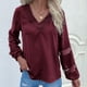 thumbnail image 4 of Camisas con cuello en V para mujer, camiseta de retazos de encaje, blusa informal de manga larga, camisas de jersey de color puro, 4 of 7