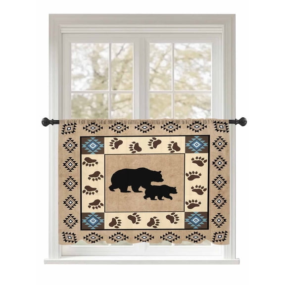Sheer Curtains 54 Inch Length, Farmhouse Bear Semi Sheer Curtains Light Filtering Window Treatment, Country Vintage Animals Paw Print Brown Privacy Voile Drapes for Living Room Bedroom 52x54 Inch