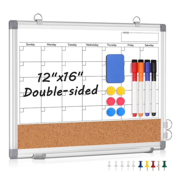DOLLAR BOSS Monthly Calendar Whiteboard 16" x 12" Magnetic Dry Erase Board Combination Board Cork Board for Wall, Double-Sided White Board, Portable Board with Markers Magnets Eraser, White Frame