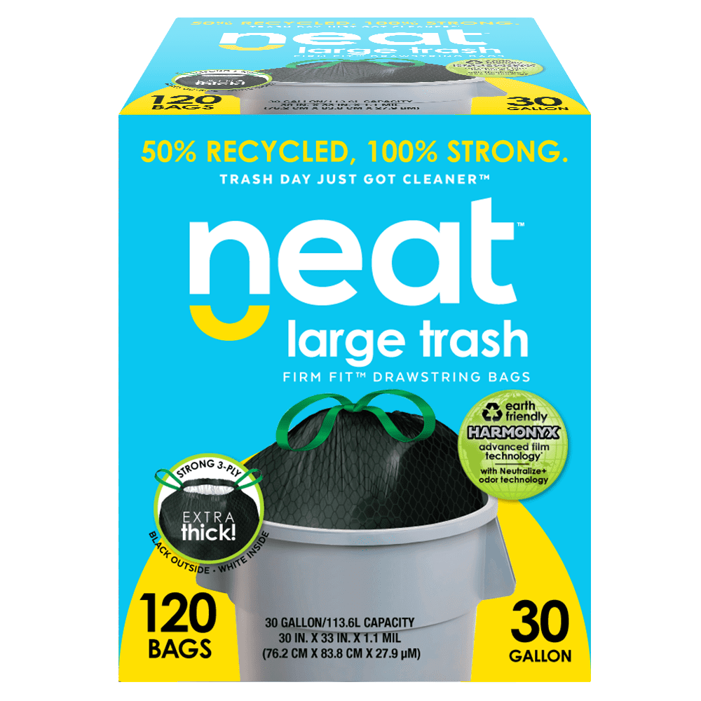 neat 30 Gallon Drawstring Trash Bags, Reversible, Black and White Garbage Bags, Mega 120 Count