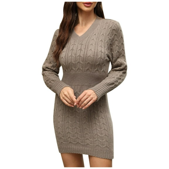 Women's Knit Sweater Dress Sexy V Neck Bodycon Pencil Skirt Autumn Winter Fashion Tunic Long Sleeve Casual Outfit
