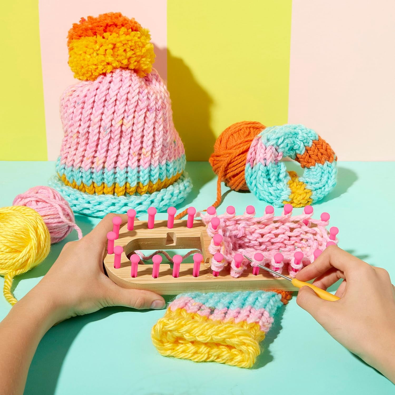 Bright Stripes - Nimble Knitter Adjustable Loom: Make a Hat, Bag & Scrunchie!